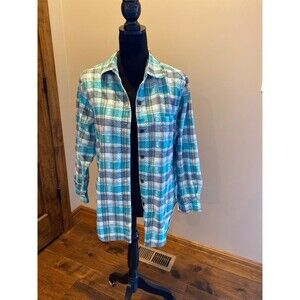 Fashion Bug Button Down Blouse Size 14 16 Turquoise Plaid Stripes 100% Cotton